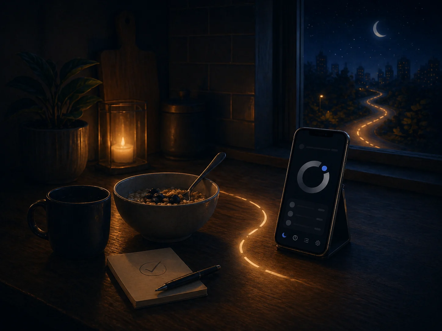 A quiet nighttime table with a simple bowl, mug, phone, candle, and a soft off-ramp path outside the window.