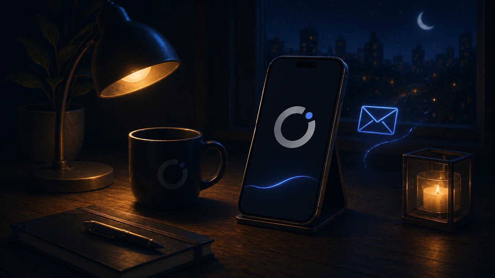 A calm night desk with a lamp, mug, phone, and subtle email symbol.